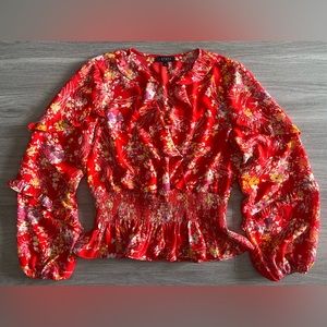 1.State Long Sleeve Red Floral Ruffle Top Size Small NWT